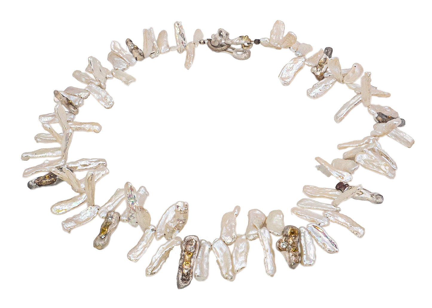 Ocean Beast Necklace with S size Biwa Pearls, diamonds, Silver and gold “Oyster“ beads