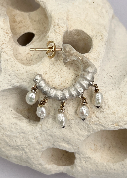 BONE  Earring No.2 Large with 5 "rice" freshwater pearls