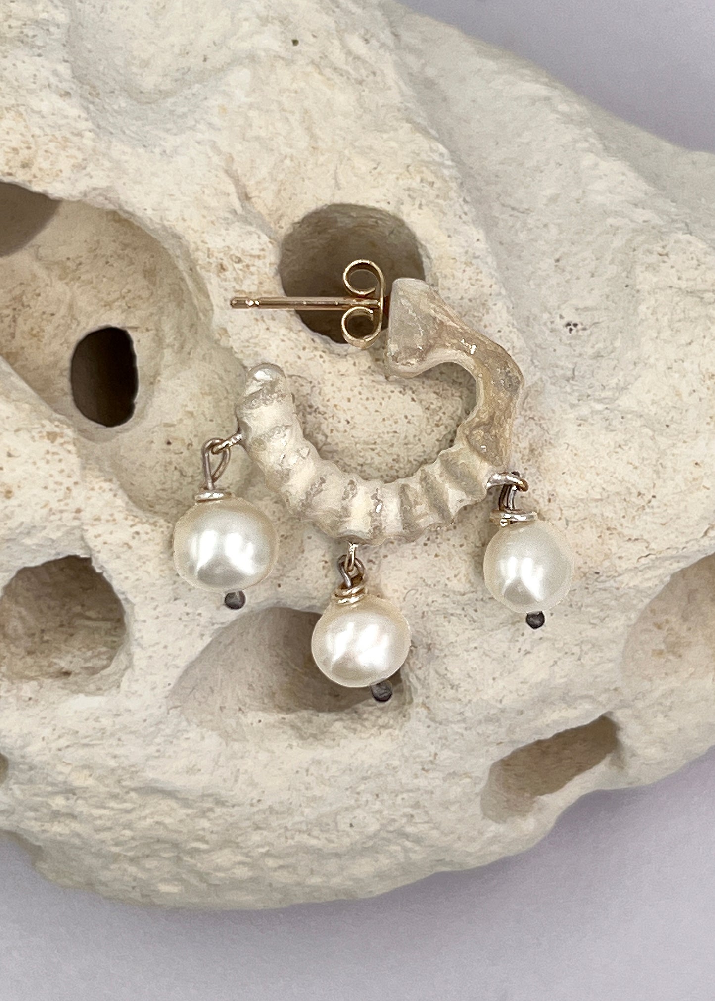 BONE Earring No.3 Large with 3 Medium Fresh Water Pearls