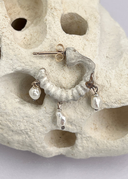 BONE Earring No.3 Large with 3 "rice" freshwater pearls