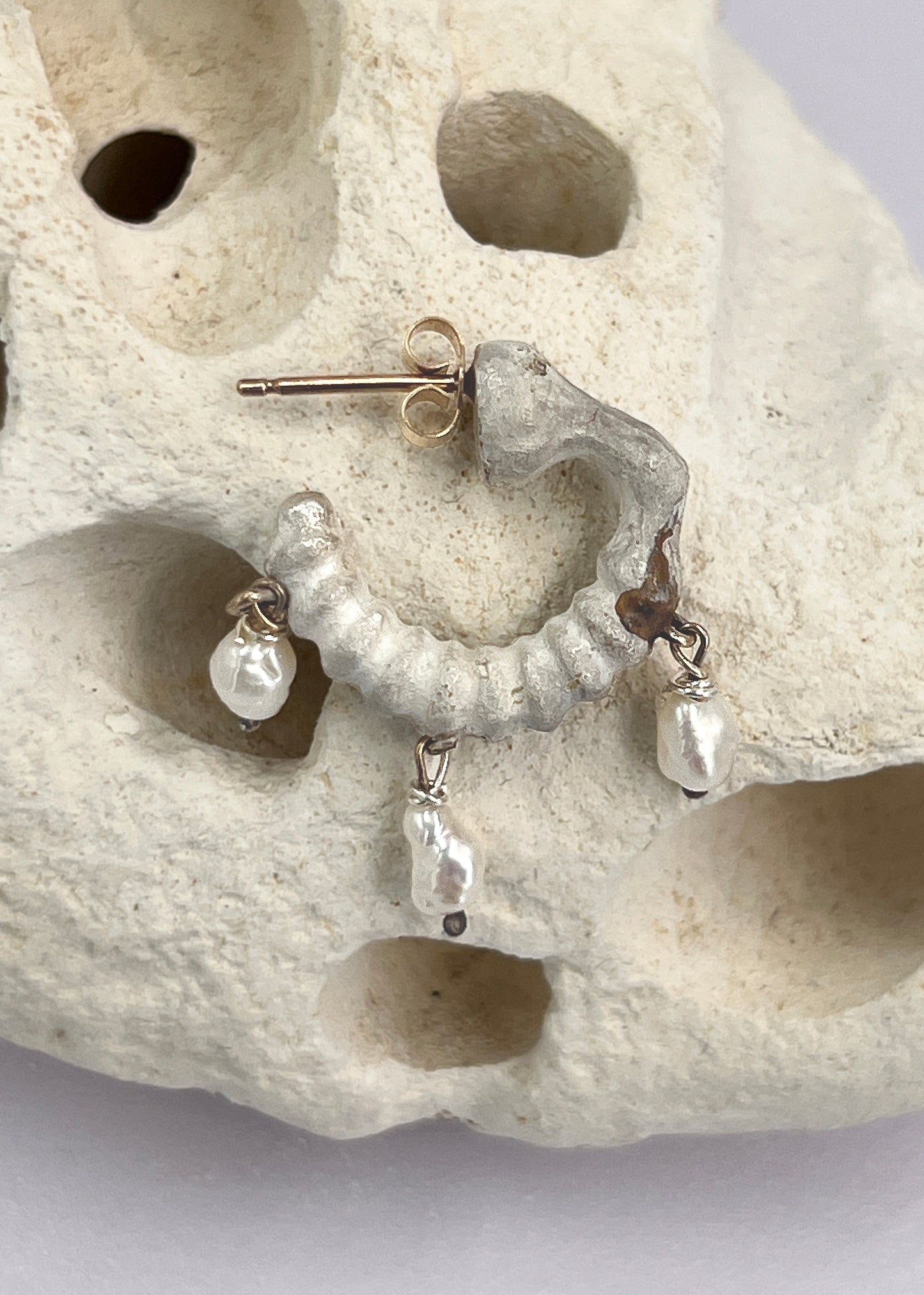 BONE Earring No.3 Large with 3 Small Fresh Water Pearls