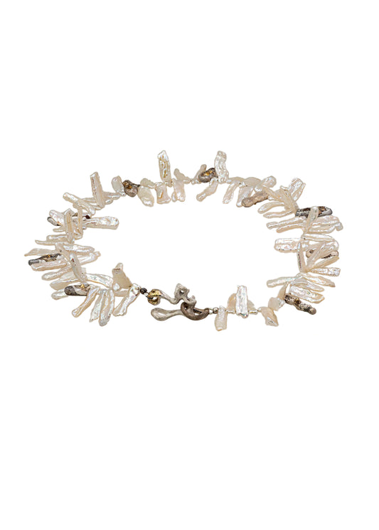 Ocean Beast Necklace with S size Biwa Pearls, diamonds, Silver and gold “Oyster“ beads