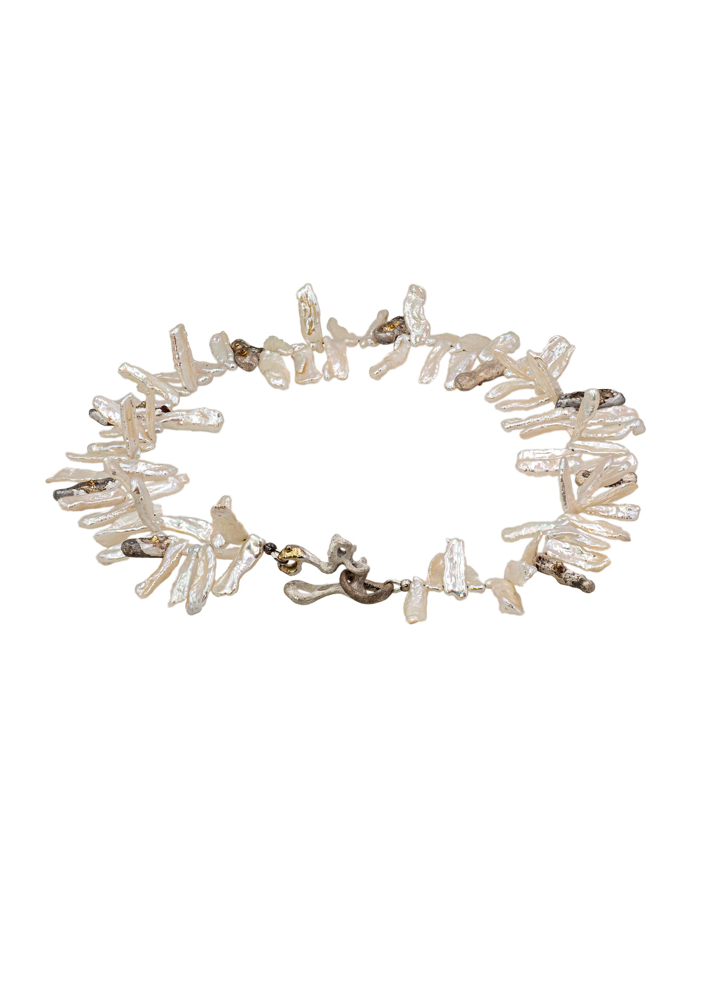Ocean Beast Necklace with S size Biwa Pearls, diamonds, Silver and gold “Oyster“ beads