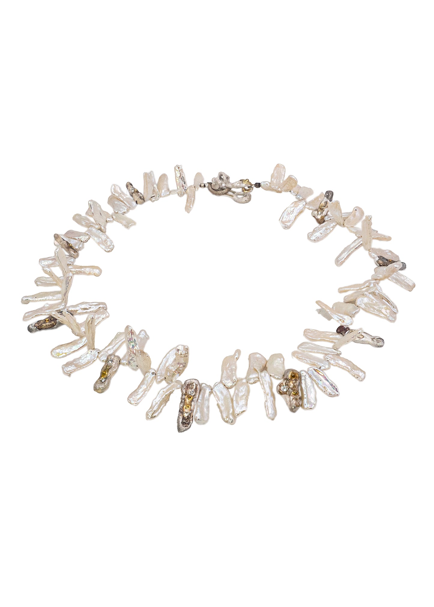 Ocean Beast Necklace with S size Biwa Pearls, diamonds, Silver and gold “Oyster“ beads