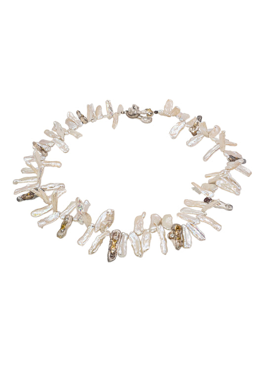 Ocean Beast Necklace with S size Biwa Pearls, diamonds, Silver and gold “Oyster“ beads